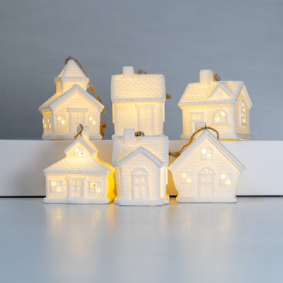 Stoneware House Light Up Ornament Set