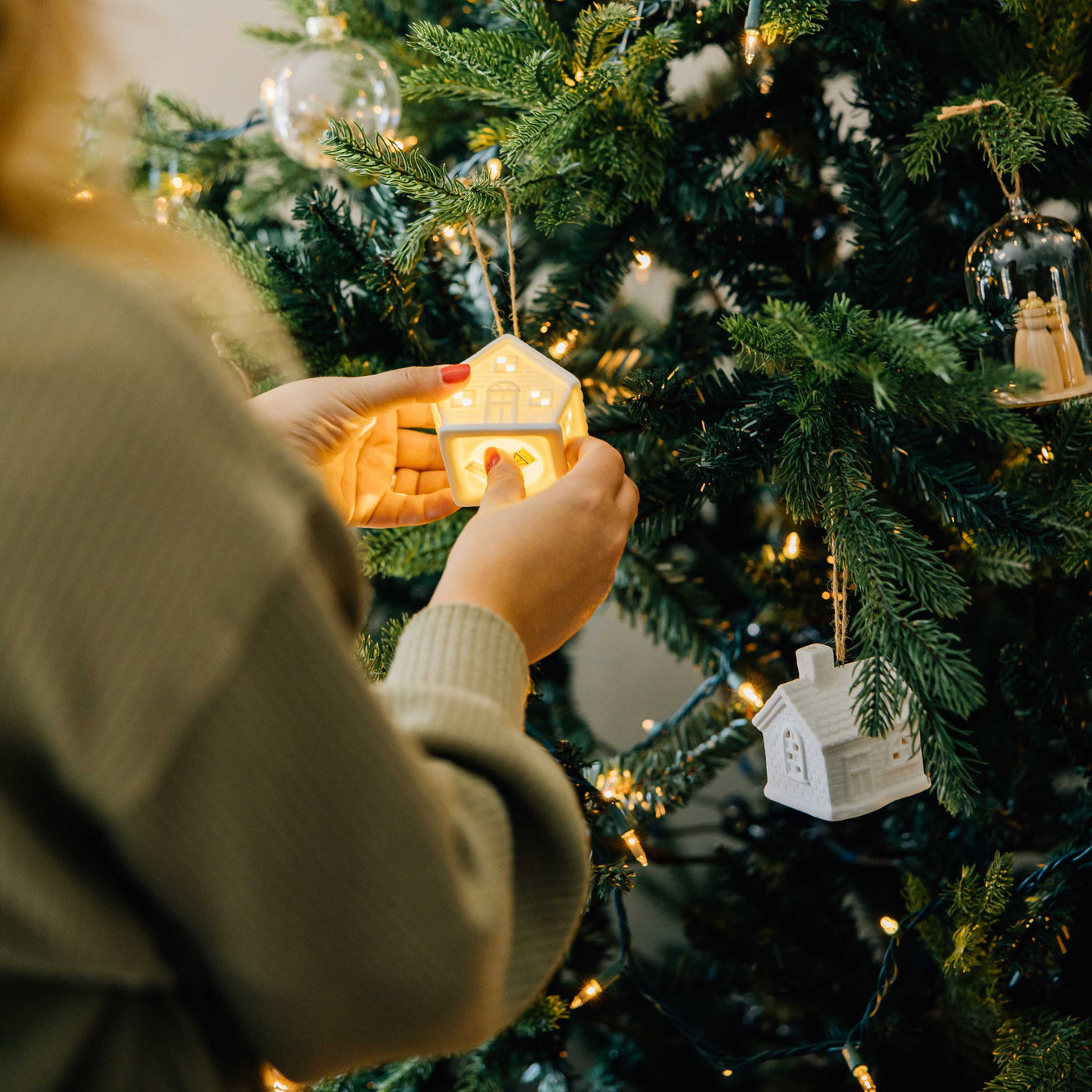 Stoneware House Light Up Ornament Set