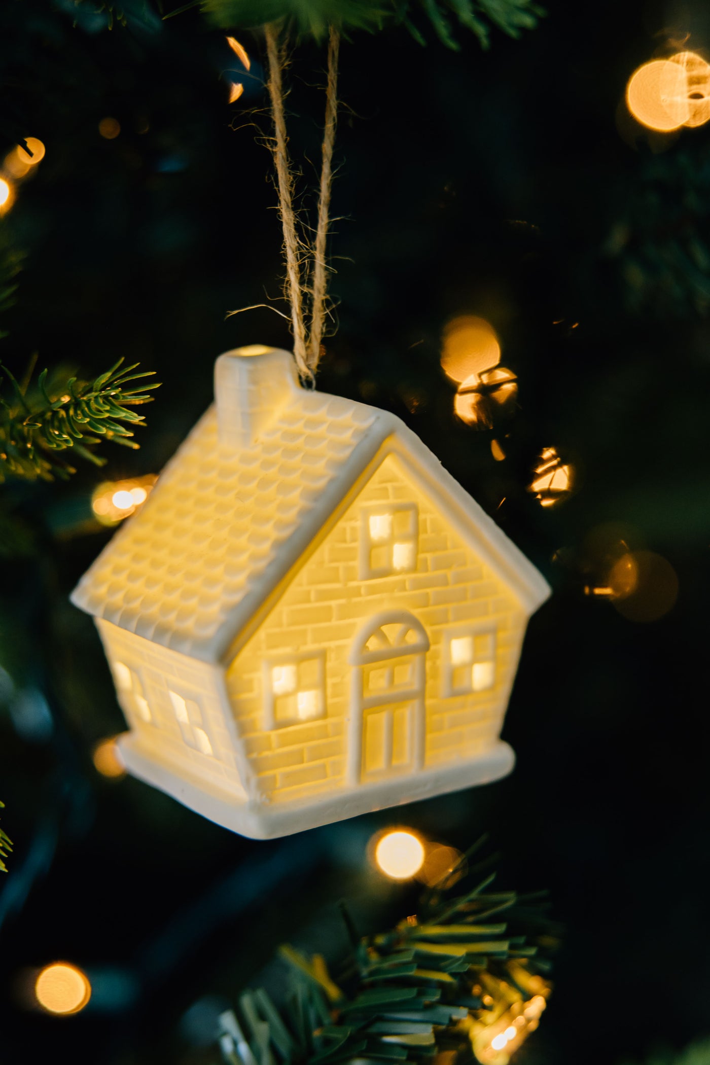 Stoneware House Light Up Ornament Set